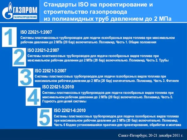 Санкт-Петербург, 20-21 декабря 2011 г. Стандарты ISO на проектирование и строительство газопровода