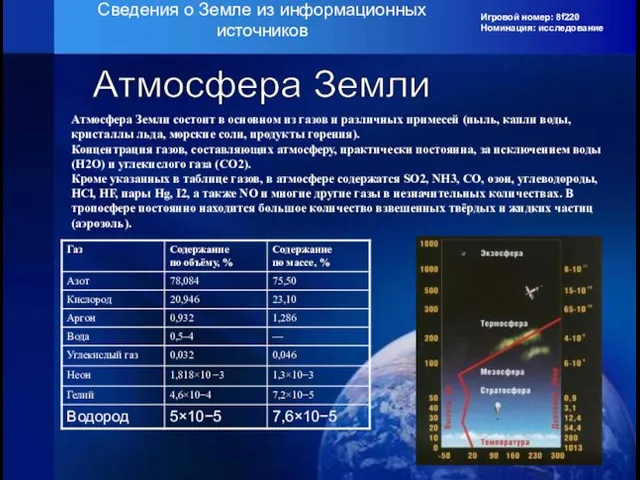 Игровой номер: 8f220 Номинация: исследование Сведения о Земле из информационных источников Атмосфера