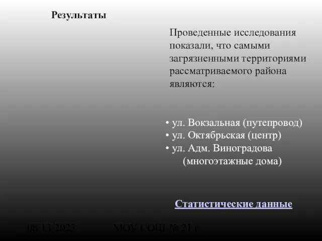 08/13/2023 МОУ СОШ № 21 г. Шарья Результаты Проведенные исследования показали, что