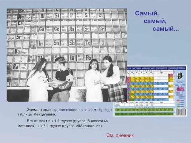 Элемент водород расположен в первом периоде таблицы Менделеева. Его относят и к