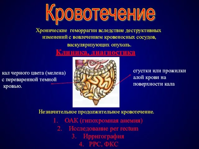 Кровотечение Клиника, диагностика Хронические геморрагии вследствие деструктивных изменений с вовлечением кровеносных сосудов,