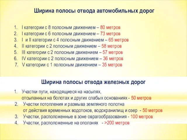 Ширина полосы отвода автомобильных дорог Ширина полосы отвода железных дорог Участки пути,