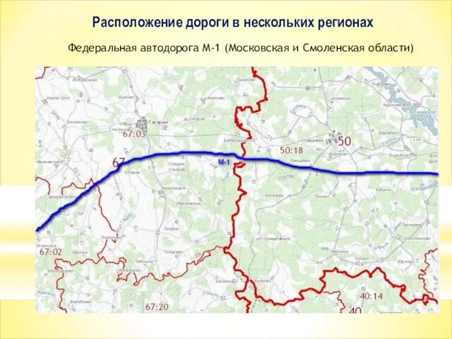 Расположение дороги в нескольких регионах Федеральная автодорога М-1 (Московская и Смоленская области)
