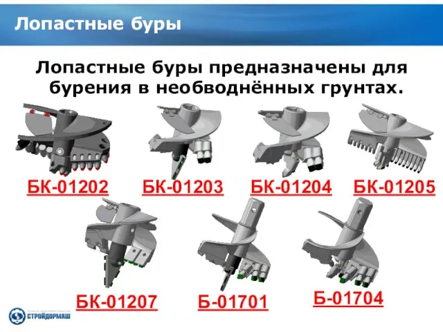 Лопастные буры Лопастные буры предназначены для бурения в необводнённых грунтах. БК-01202 БК-01203