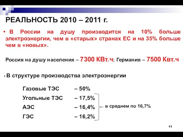 РЕАЛЬНОСТЬ 2010 – 2011 г. В России на душу производится на 10%