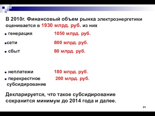 В 2010г. Финансовый объем рынка электроэнергетики оценивается в 1930 млрд. руб. из