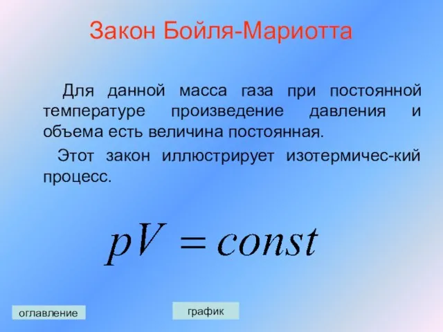 Закон Бойля-Мариотта Для данной масса газа при постоянной температуре произведение давления и