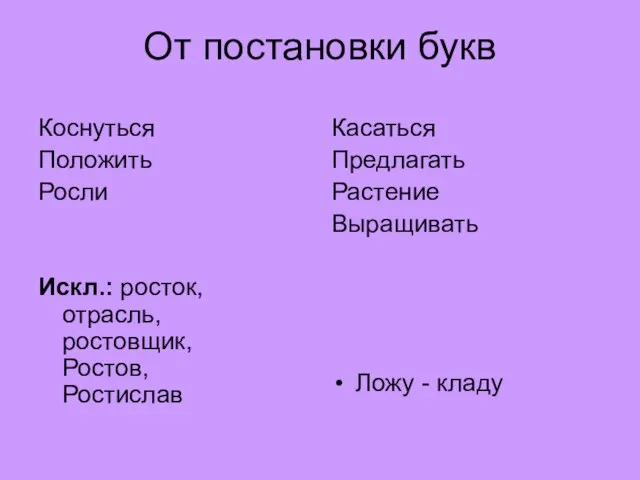 От постановки букв Коснуться Положить Росли Искл.: росток, отрасль, ростовщик, Ростов, Ростислав