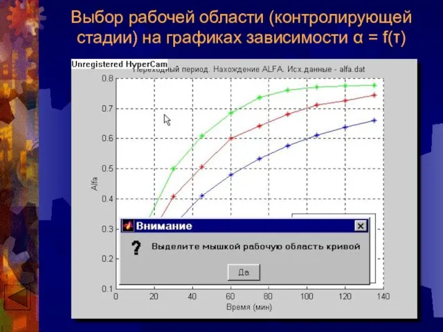 Выбор рабочей области (контролирующей стадии) на графиках зависимости α = f(τ)