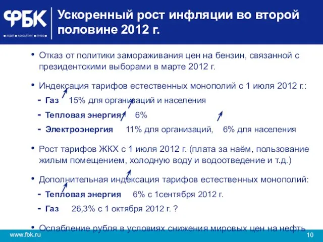 Ускоренный рост инфляции во второй половине 2012 г. Отказ от политики замораживания