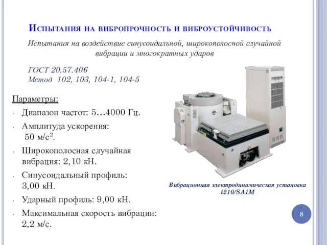 Испытания на вибропрочность и виброустойчивость Испытания на воздействие синусоидальной, широкополосной случайной вибрации