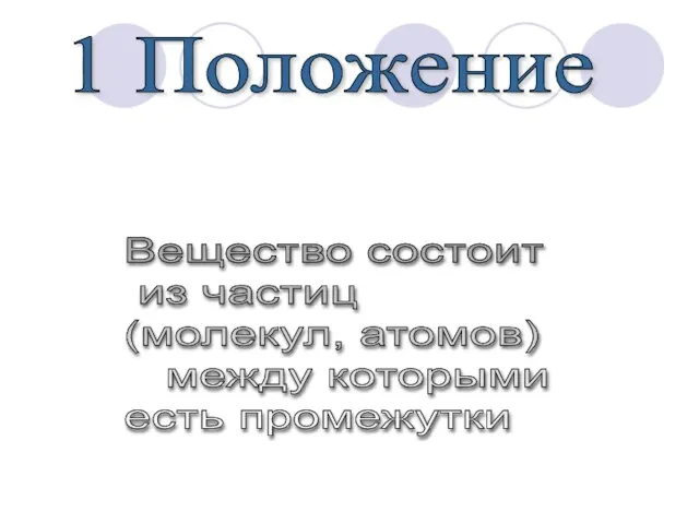 1 Положение Вещество состоит из частиц (молекул, атомов) между которыми есть промежутки