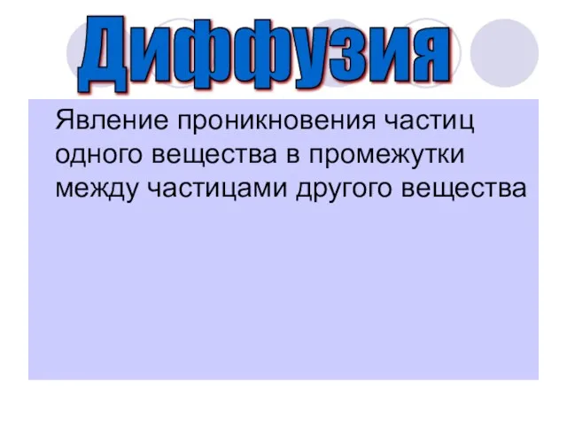 Явление проникновения частиц одного вещества в промежутки между частицами другого вещества Диффузия