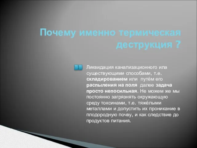 Почему именно термическая деструкция ? Ликвидация канализационного ила существующими способами, т.е. складированием