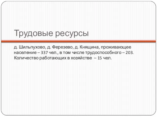Трудовые ресурсы д. Шильпухово, д. Ферезево, д. Княщина, проживающее население – 337