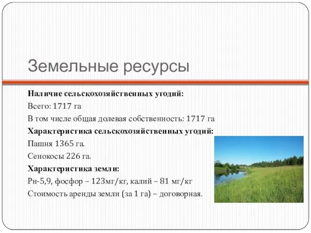 Земельные ресурсы Наличие сельскохозяйственных угодий: Всего: 1717 га В том числе общая