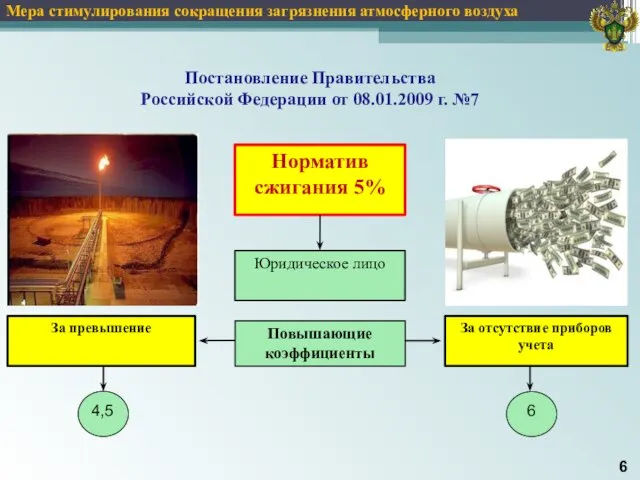 Мера стимулирования сокращения загрязнения атмосферного воздуха Норматив сжигания 5% Юридическое лицо За