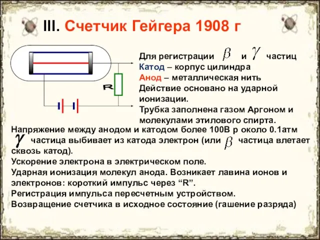 III. Счетчик Гейгера 1908 г Для регистрации и частиц Катод – корпус