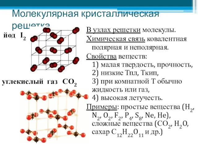 Молекулярная кристаллическая решетка В узлах решетки молекулы. Химическая связь ковалентная полярная и