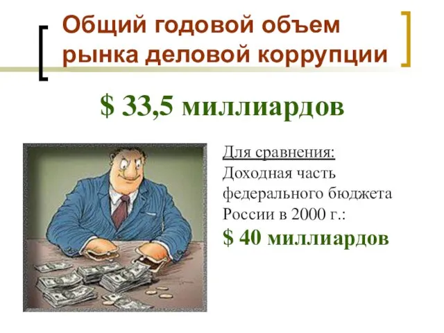 Общий годовой объем рынка деловой коррупции $ 33,5 миллиардов Для сравнения: Доходная