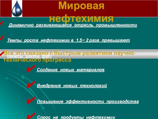 Мировая нефтехимия Динамично развивающаяся отрасль промышленности Темпы роста нефтехимии в 1,5− 2