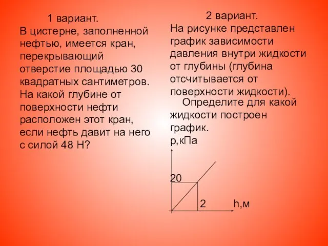 1 вариант. В цистерне, заполненной нефтью, имеется кран, перекрывающий отверстие площадью 30