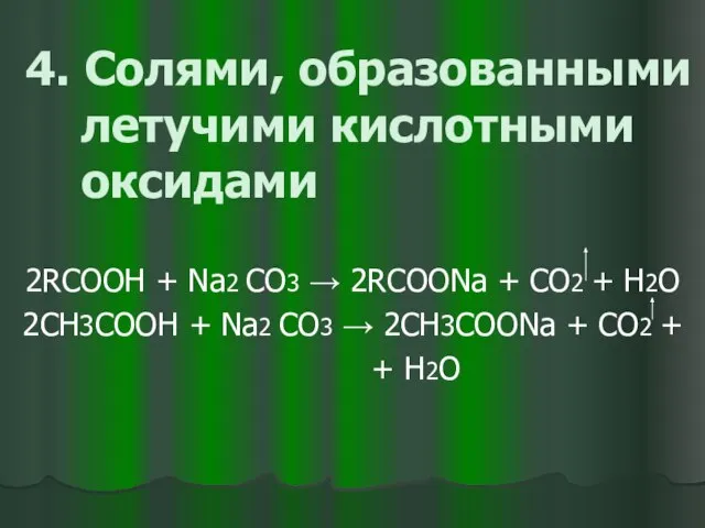 4. Солями, образованными летучими кислотными оксидами 2RCOOH + Na2 СO3 → 2RCOONa