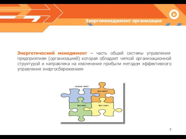 Энергоменеджмент организации Энергетический менеджмент – часть общей системы управления предприятием (организацией) которая