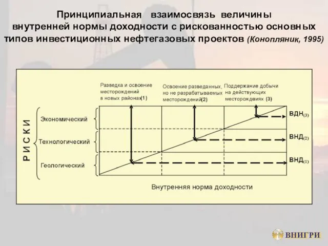 Принципиальная взаимосвязь величины внутренней нормы доходности с рискованностью основных типов инвестиционных нефтегазовых проектов (Конопляник, 1995)