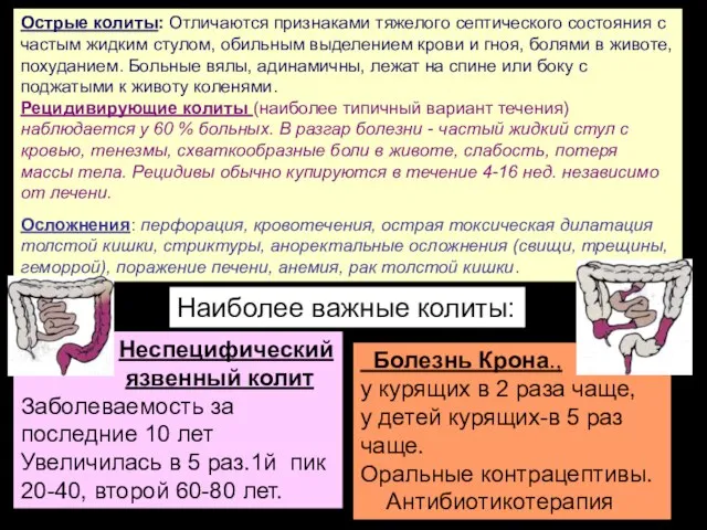 Острые колиты: Отличаются признаками тяжелого септического состояния с частым жидким стулом, обильным