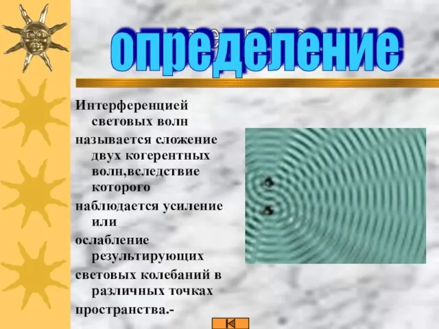 Интерференцией световых волн называется сложение двух когерентных волн,вследствие которого наблюдается усиление или