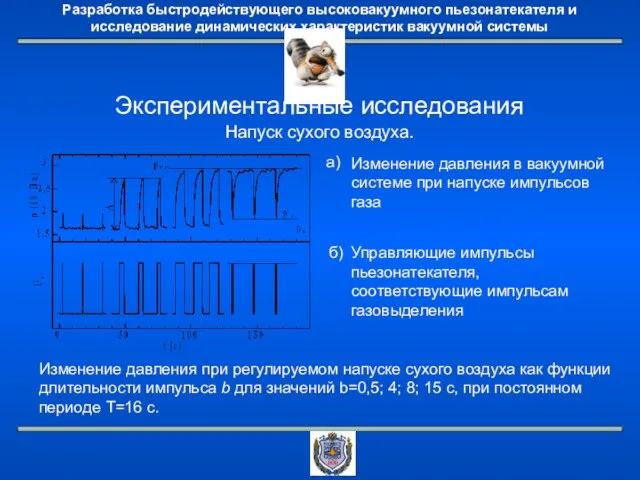 Экспериментальные исследования Напуск сухого воздуха. Изменение давления при регулируемом напуске сухого воздуха