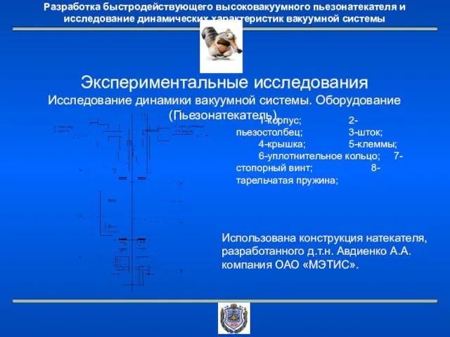 Экспериментальные исследования Исследование динамики вакуумной системы. Оборудование (Пьезонатекатель). 1-корпус; 2-пьезостолбец; 3-шток; 4-крышка;