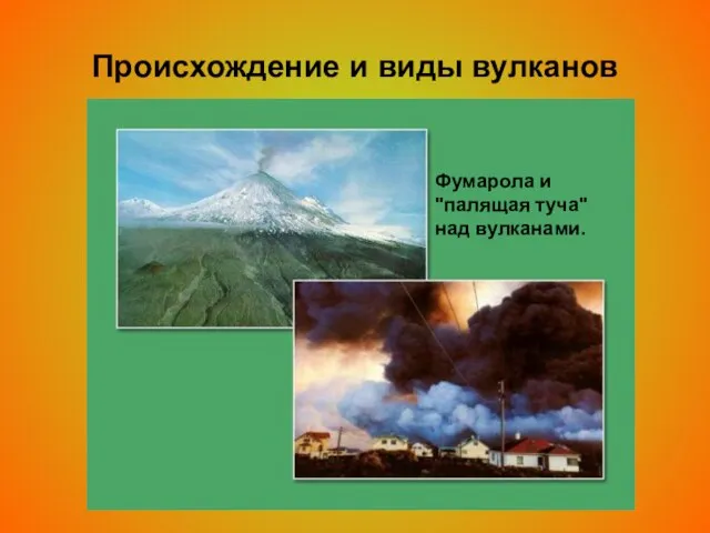 Происхождение и виды вулканов Фумарола и "палящая туча" над вулканами.