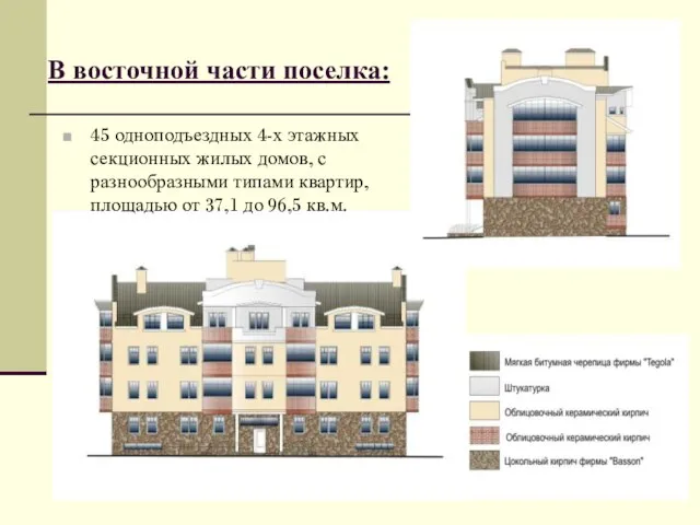 В восточной части поселка: 45 одноподъездных 4-х этажных секционных жилых домов, с