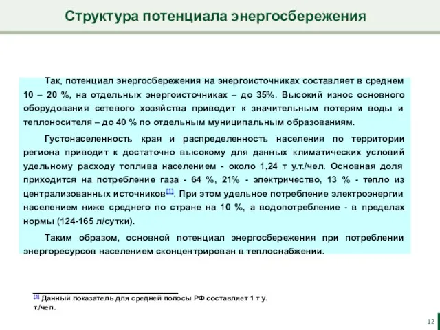 Структура потенциала энергосбережения [1] Данный показатель для средней полосы РФ составляет 1