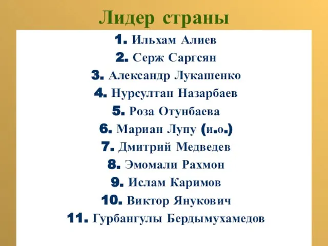 Лидер страны 1. Ильхам Алиев 2. Серж Саргсян 3. Александр Лукашенко 4.