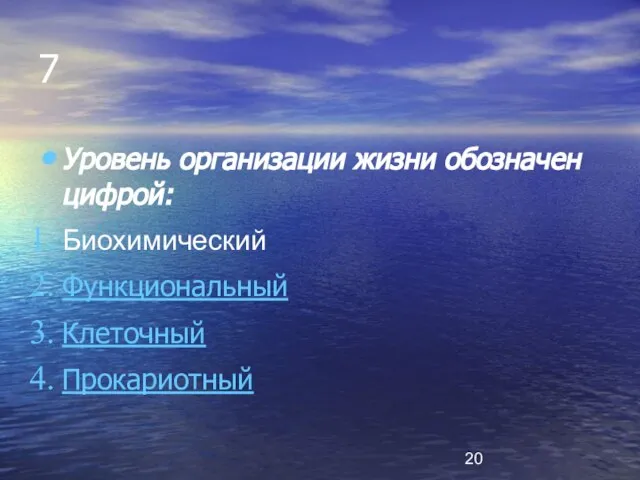 7 Уровень организации жизни обозначен цифрой: Биохимический Функциональный Клеточный Прокариотный