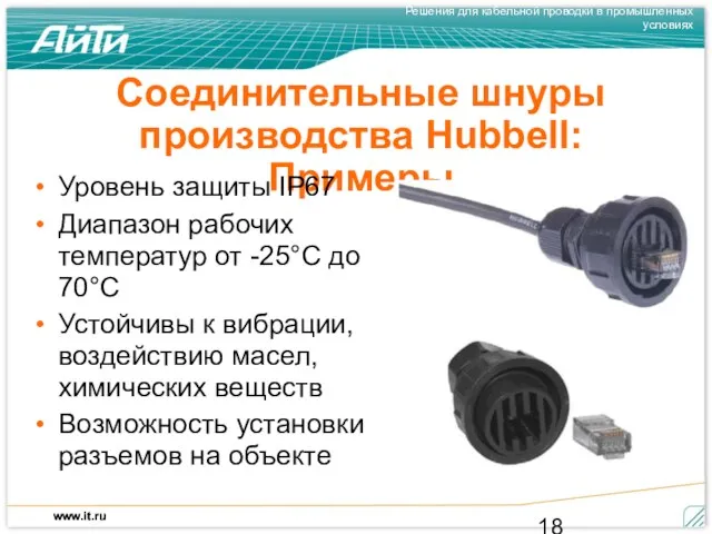 Соединительные шнуры производства Hubbell: Примеры Уровень защиты IP67 Диапазон рабочих температур от