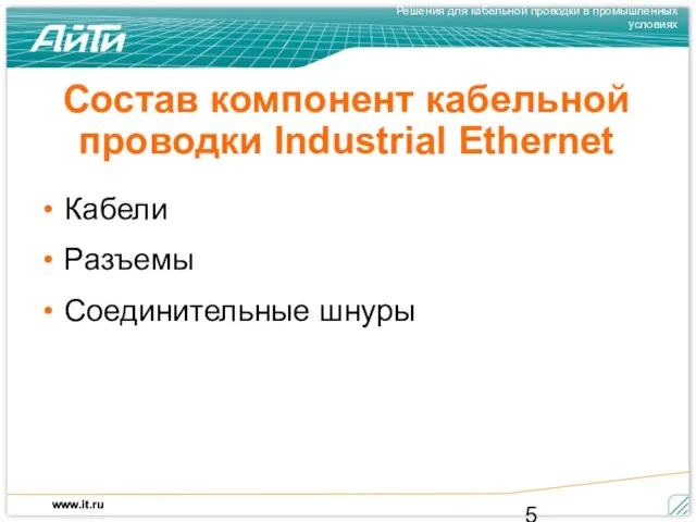 Состав компонент кабельной проводки Industrial Ethernet Кабели Разъемы Соединительные шнуры