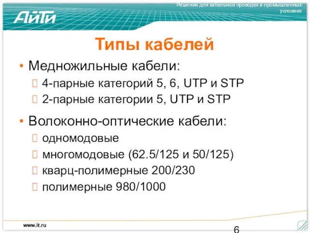 Типы кабелей Медножильные кабели: 4-парные категорий 5, 6, UTP и STP 2-парные