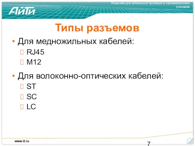 Типы разъемов Для медножильных кабелей: RJ45 M12 Для волоконно-оптических кабелей: ST SC LC