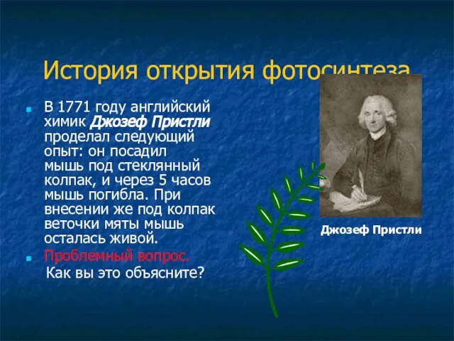 История открытия фотосинтеза В 1771 году английский химик Джозеф Пристли проделал следующий