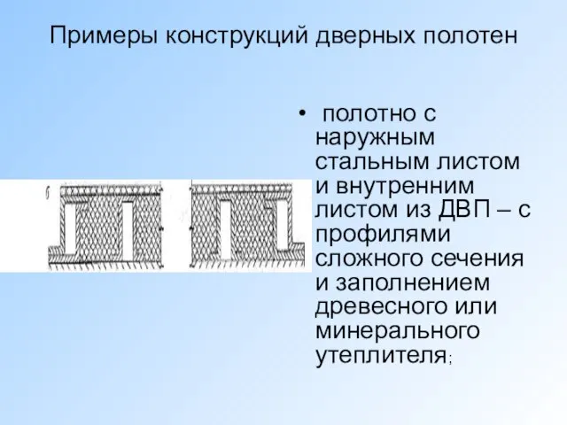 Примеры конструкций дверных полотен полотно с наружным стальным листом и внутренним листом