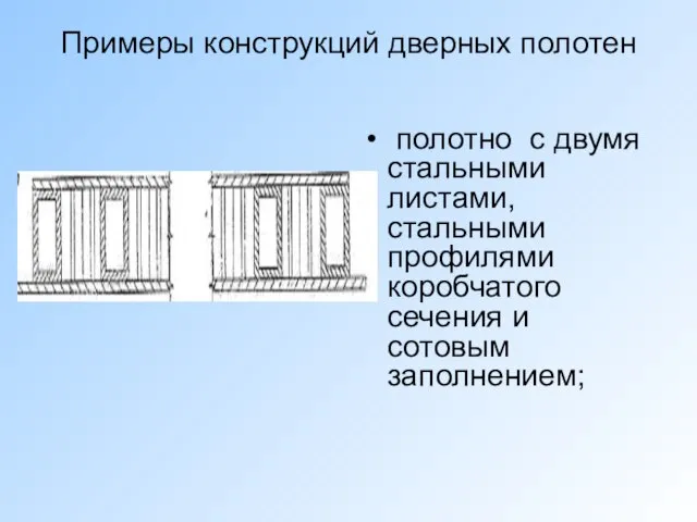 Примеры конструкций дверных полотен полотно с двумя стальными листами, стальными профилями коробчатого сечения и сотовым заполнением;