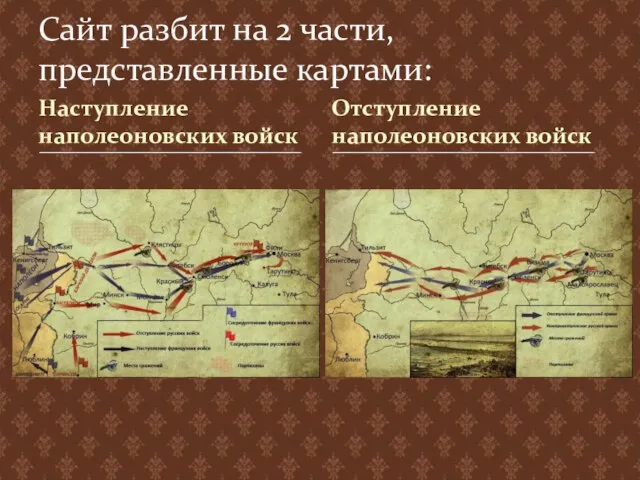 Наступление наполеоновских войск Сайт разбит на 2 части, представленные картами: Отступление наполеоновских войск