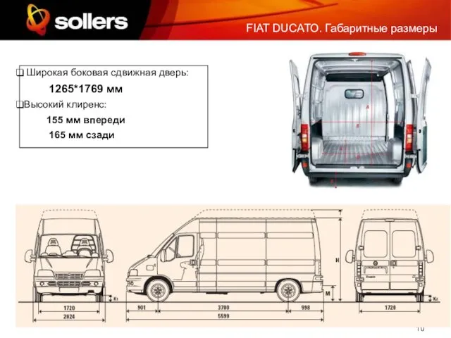 FIAT DUCATO. Габаритные размеры Широкая боковая сдвижная дверь: 1265*1769 мм Высокий клиренс: