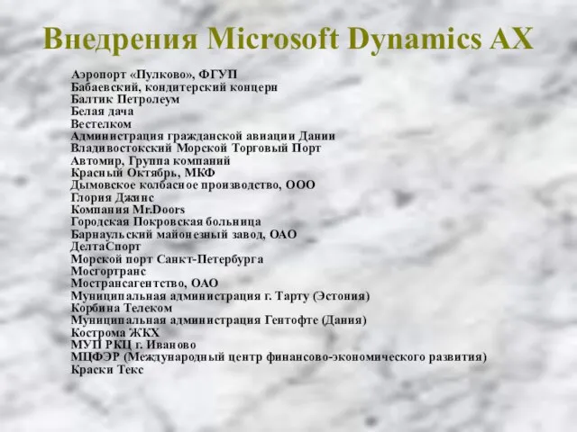 Внедрения Microsoft Dynamics AX Аэропорт «Пулково», ФГУП Бабаевский, кондитерский концерн Балтик Петролеум