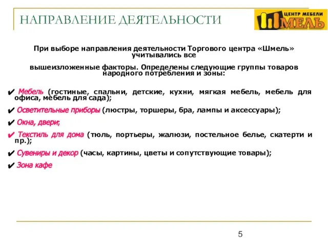 НАПРАВЛЕНИЕ ДЕЯТЕЛЬНОСТИ При выборе направления деятельности Торгового центра «Шмель» учитывались все вышеизложенные