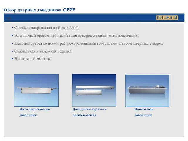 Обзор дверных доводчиков GEZE Системы закрывания любых дверей Элегантный системный дизайн для
